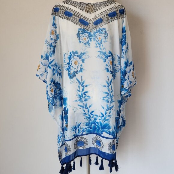 ASA Kaftans Beaded Jewel Caftan Top Tassel-Hem V-Neck Chiffon Blue White - Picture 7 of 12